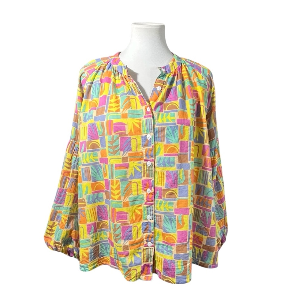 Olivia James The Label Geometric Print Blouse Women’s Size L Boho Top